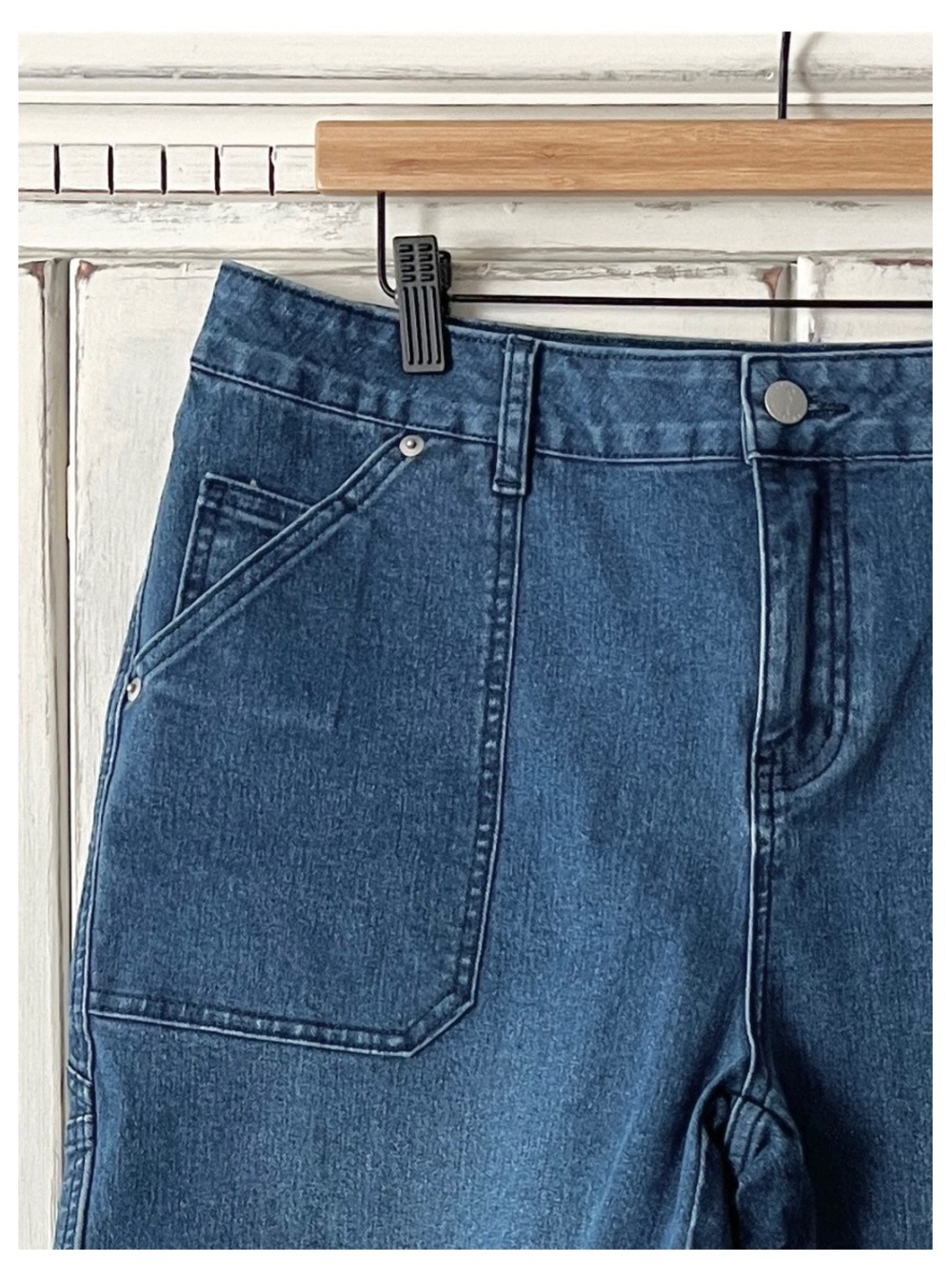 NWT FLAMINGALS High-Rise Cargo Denim Shorts in Dark Wash XL - Picture 2 of 6